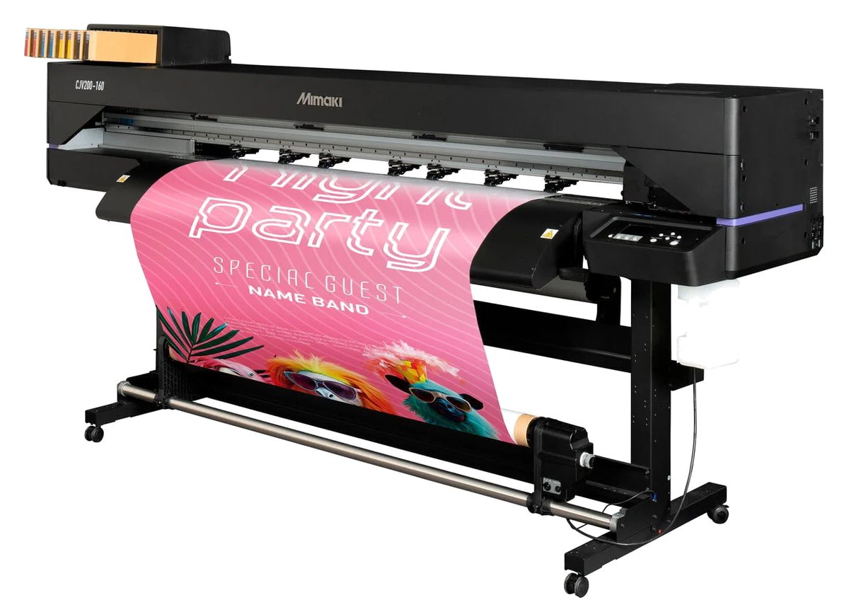 Mimaki CJV200-160 eco-solvent print-and-cut printer printing a pink event banner