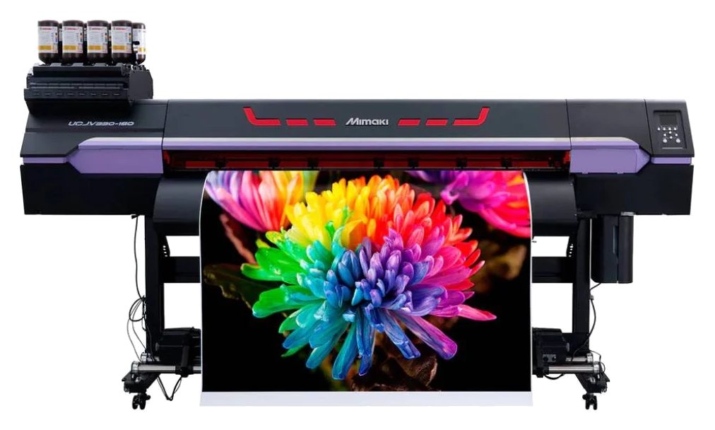 Mimaki UCJV330-160 UV-LED print-and-cut printer with a colourful flower print