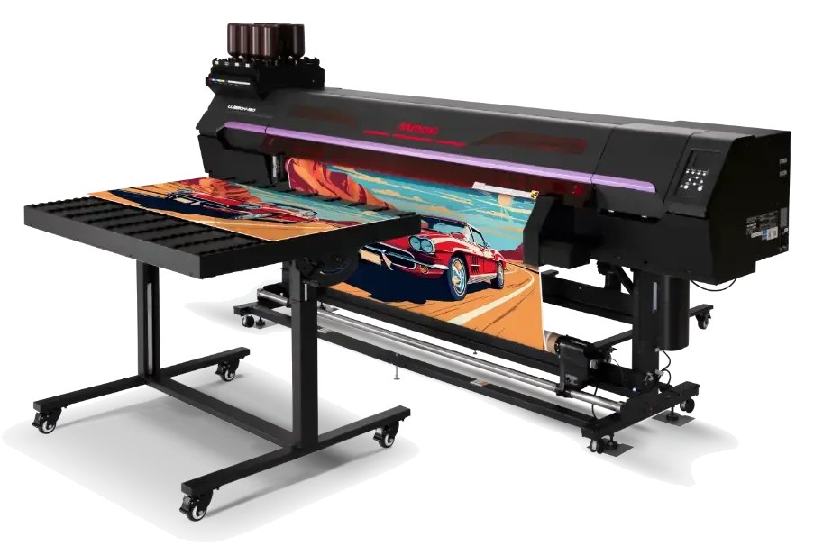 Mimaki UJ330H-160 hybrid UV printer printing a rigid board fed from a roller table